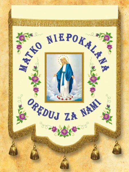 Chorągiew dwustronna haftowana z wizerunkiem Matki Niepokalanej