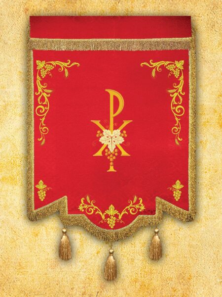 Czerwony sztandar z symbolem chrześcijańskim i ornamentami