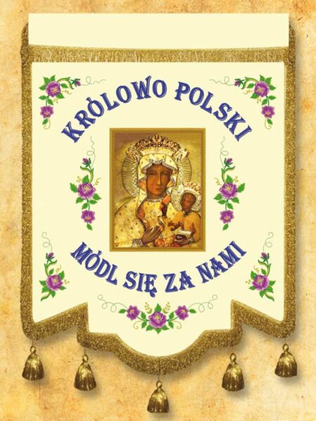 Chorągiew dwustronna haftowana z wizerunkiem Matki Bożej Królowej Polski