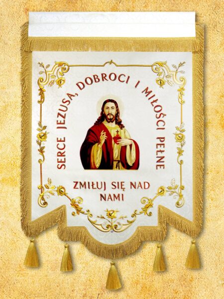 Religijny sztandar z wizerunkiem Jezusa i napisem.