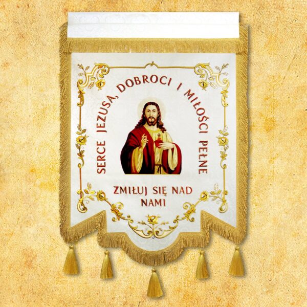 Religijny sztandar z wizerunkiem Jezusa i napisem.