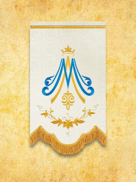 Heraldyczny sztandar z inicjałami M i koroną