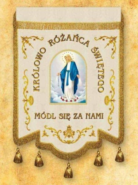 Chorągiew haftowana "Królowej Różańca Świętego" z dowolnym napisem
