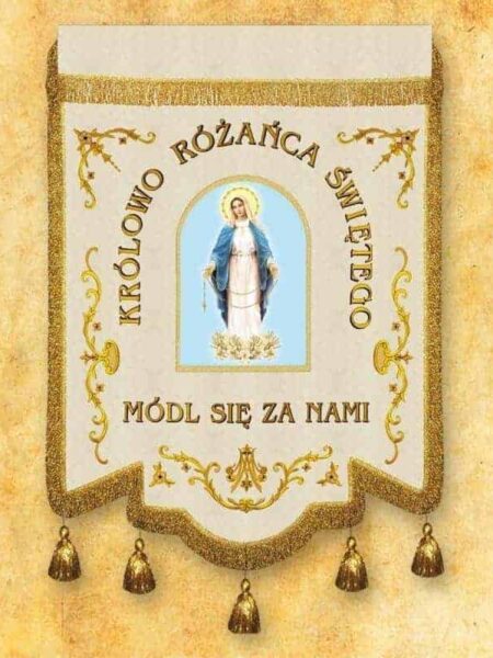 Chorągiew haftowana "Królowej Różańca Świętego" z dowolnym napisem