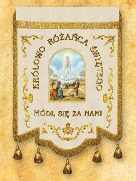 Chorągiew haftowana "Królowej Różańca Świętego" z dowolnym napisem