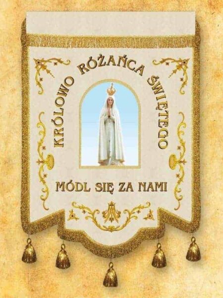 Chorągiew haftowana "Królowej Różańca Świętego" z dowolnym napisem