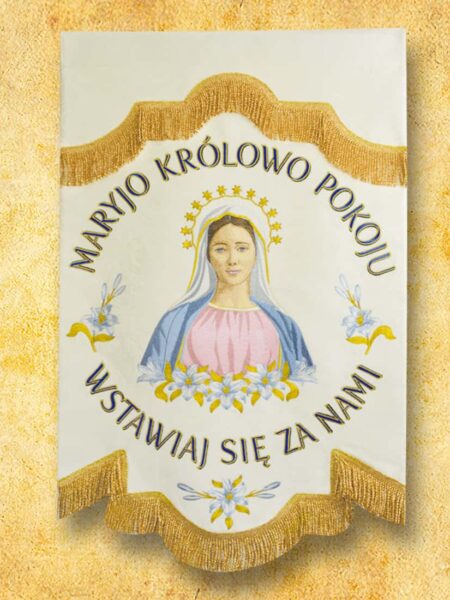 Chorągiew haftowana - Matka Boża Królowa Pokoju