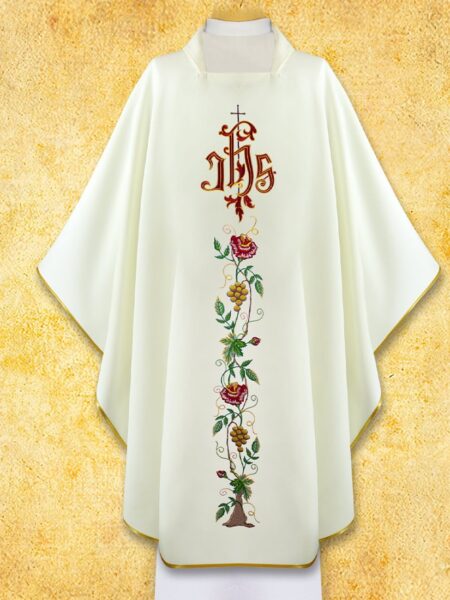 Biała stuła liturgiczna z kwiatowym haftem.