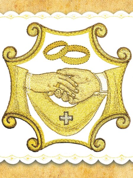 Haft ślubny z dwoma obrączkami i uściskiem dłoni.
