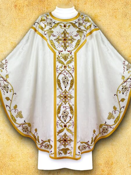 Ornamental white chasuble with golden embroidery.