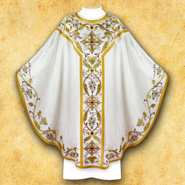 Ornamental white chasuble with golden embroidery.